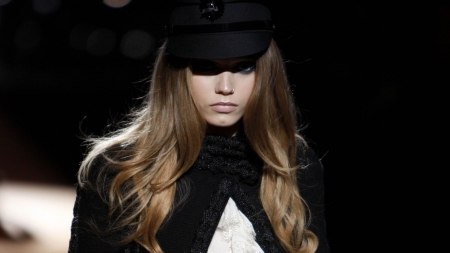 Abbey Lee - style, cap, dark, fashion, coat, model