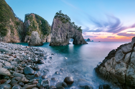 Dusk At Surreal Rock - sunset, beautiful, Japan, rock gate, stone beach, sky, seashore