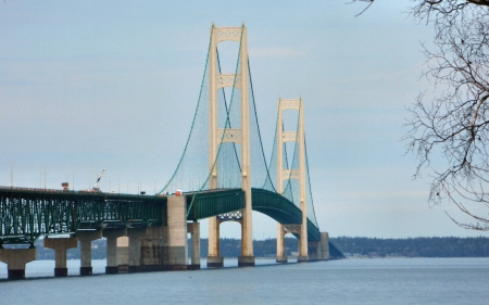 Mackinac Suspension Bridge 1 - wide screen, lake, lighthouse, photography, water, waterscape, suspension, great lakes, michigan, scenery, photo, bridge, mackinac, usa