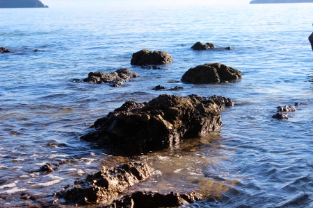 black rocks - blue water, beach, coromandel, rocks