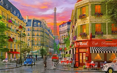 Paris - eiffel, street, sky, colorful, sunset, painting, art, pretty, artwork, houses, eiffel tower, cars, paris, lovely, shops, beautiful, city