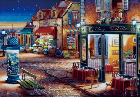 Starry night - town, romantic, beautiful, evening, city, night, street, starry, painting, houses, peaceful, art, sky