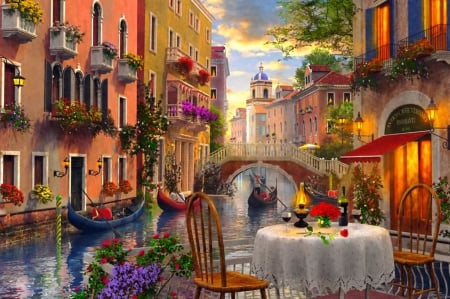 Venice restaurant - wide screen, beauty, street, italy, venice, water, colorful, chairs, illustration, painting, art, evening, artwork, table, paintings, dusk, bridge, dinner, houses, boats, landscape, gondola, summer, canal, lovely, restaurant, romantic, beautiful, scenery, cafe, flowers