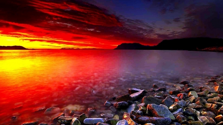 fabulous yellow red ocean sunset - yellow, red, sunset, stones, shore, sea