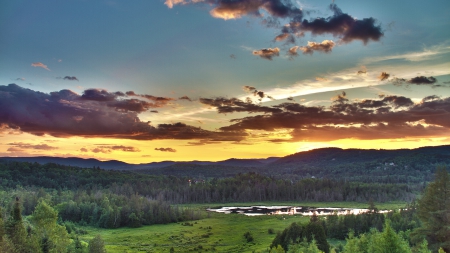 lovely sunset - forest, pond, mountains, sunset