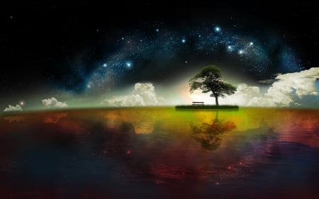 stunning gloss - gloss, hd, sky, lake, stars, 3d, tree, stunning