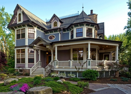 American Victorian Home - sky, windows, victorian, nature, white, purple, home, blue, door, architecture, house, flowers, grass