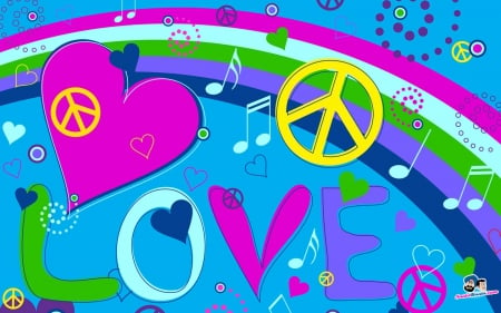 Psychedelic Love - abstract, sign, heart, yellow, blue, letters, colors, love, pink, peace, white, purple, psychedelic, green