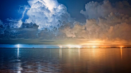 Divine Pandemonium - sky, ocean, beautiful, clouds, lightning, lights