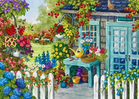 Fresh from the garden - pretty, house, summer, beautiful, fence, freshness, home, village, calmness, flowers, colorful, countryside, painting, garden, art, rural