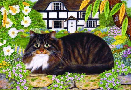 Country cat - quiet, relax, leaves, calmness, flowers, garden, freshnes, art, cottage, house, greenery, nap, rest, cat, painting, serenity, country