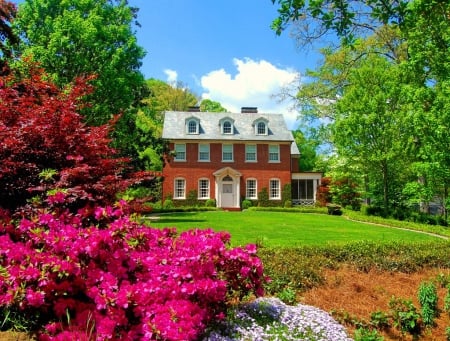 English garden - pretty, summer, rhododendrons, spring, cozy, home, calmness, flowers, countryside, garden, cottage, english, house, greenery, trees, beautiful, lovely, rest, nature, serenity, retreat