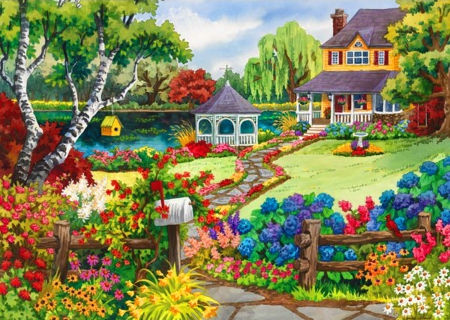 Country retreat - cottage, trees, peaceful, colorful, gazebo, painting, home, fountain, art, pretty, house, pond, garden, lake, lovely, country, village, beautiful, rest, flowers, retreat