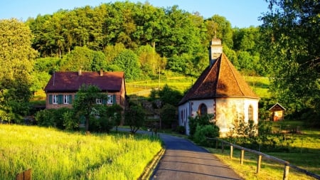 church in a small countryside village - village, countryside, trees, road, sunshine, church