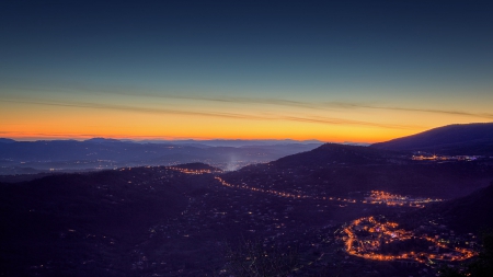 mountainside town at twilight - town, mountains, lights, twilight