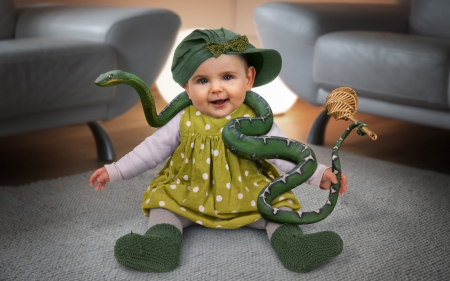 ♥ - snake, green, dress, girl, cute, tamer, toy, child