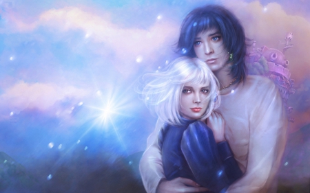 Sophie and Howl - woman, couple, girl, howl s moving castle, by hayao miyazaki, sophie, fantasy, art, man, pink, wizard, blue, anime, manga