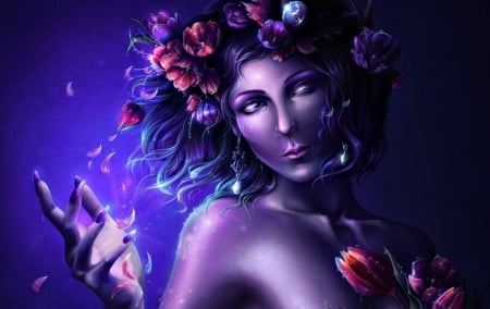 Fantasy girl - flower, purple, pink, girl, art, goddess, fantasy, fairy, woman