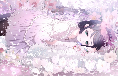 Light of Spring - gown, flower, maiden, beautiful, blossom, lying, anime girl, girl, lay, ribbon, sorrow, elegant, lady, gorgeous, floral, emotional, pink, pretty, short hair, beauty, sweet, anime, dress, petals, divine, laying, nice, lovely, sad, female