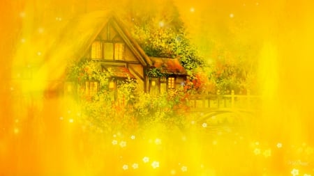 Summer Cottage - garden, sunlight, flowers, gold, yellow, cottage, victorian