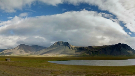 Snaefellsnesvegur, Iceland - pretty, yellow, summer, blue, amazing, landscape, grass, mountain, field, lake, cottage, sky, clouds, house, water, beautiful, photography, lovely, iceland, fall, white, Snaefellsnesvegur, nature, green, autumn