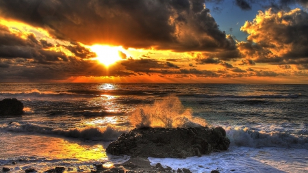 superb ocean sunset - clouds, sunset, shore, sea, waves, rocks