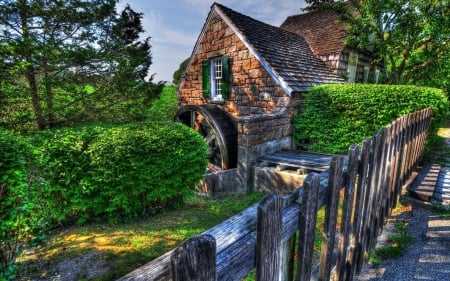 gorgeous little mill hdr - femce, mill, hdr, bushes, wheel