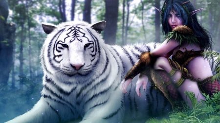 Mystic Tiger - woman, artwork, fable, forest, mysterious