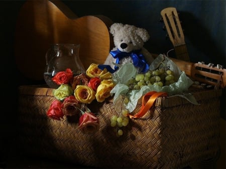 Cute Teddybear - flowers, guitar, grapes, blossoms, still life