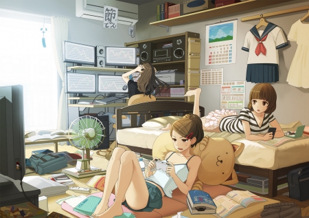 having fun with my friends -my daily life- - watching tv, hanging out with friends, anime, seifuku, pretty girls, books, long hair, happy, short hair, friends, playing games, art, dark hair, relaxing, in bed, enjoying daily life, brown hair, surfing net, cute