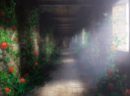 BP: The Scene - beauty, nice, roses, darkness, rose, bloodplus, hall, pretty, dark, anime, scene, scenic, light, lovely, shade, floral, beautiful, blossom, scenery, sweet, shadow, flower