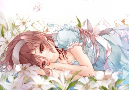 Pure - pretty, anime, female, blossom, maiden, dress, lying, long hair, ribbon, hd, nice, gown, anime girl, laying, beautiful, girl, beauty, lovely, brown hair, sweet, flower, petals, lady, floral, lay