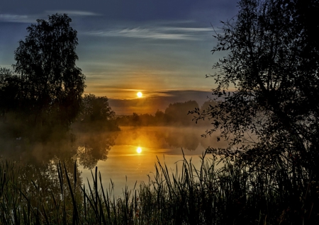 Sunset - lake, trees, sunset, water