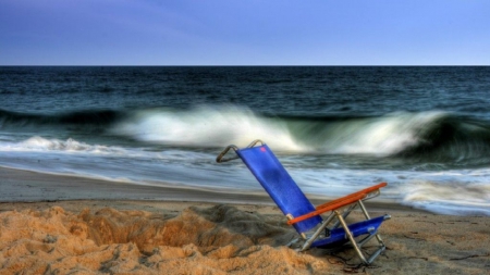 lounge chair on a beach hdr - beach, hdr, waves, sea, lounge, chair