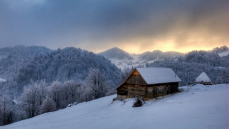 wooden mountain cabin in winter hdr - forest, wooden, mountains, cabin, hdr, overcast