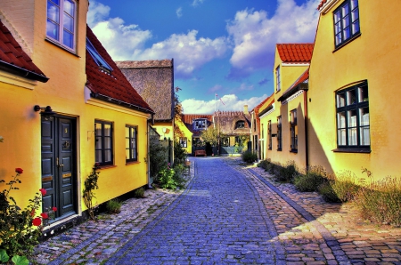 lovely yellow house in a denmark town hdr - cobblestones, street, town, houses, flowers, yellow, hdr