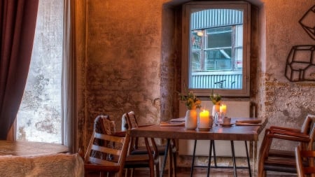 corner in a lovely cafe hdr - tables, window, hdr, cafe, chairs, candles