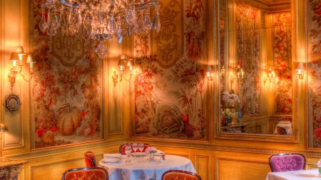 corner in a very elegant restaurant hdr - restaurant, chandelier, wallpaper, tables, mirrors, hdr