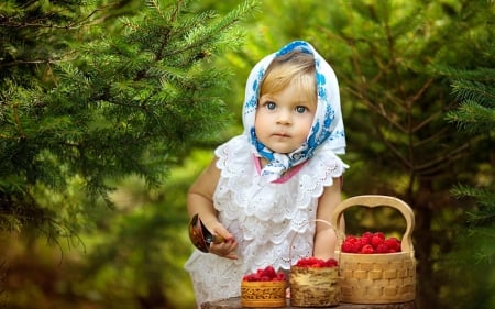 â™¥ - child, raspberry, cute, girl, white, fruit, hat, basket, green