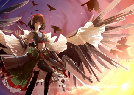 Shameimaru Aya - pretty, shameimaru aya, anime, female, wing, scene, angel, light, armor, touhou, hd, weapon, nice, sky, anime girl, beautiful, gun, girl, feather, beauty, lovely, sweet, glow, wings, cloud