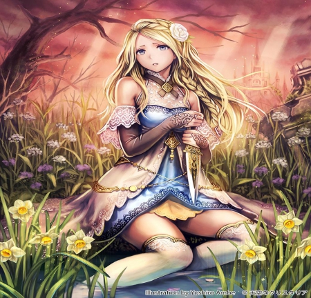 Princess - pretty, anbe, orginal, dress, girl, long hair, flowers, princess, weapon, art