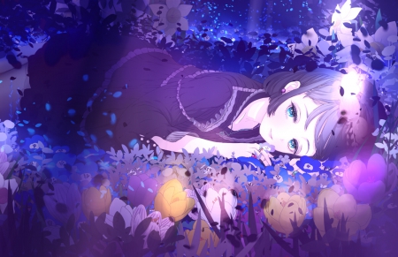 Light of Spring - gown, flower, maiden, beautiful, blossom, lying, anime girl, girl, lay, ribbon, sorrow, elegant, lady, gorgeous, floral, emotional, purple, pink, pretty, short hair, beauty, sweet, anime, dress, petals, divine, laying, nice, lovely, sad, female