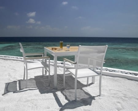 Beautiful scenery - table, beach, sky, chairs