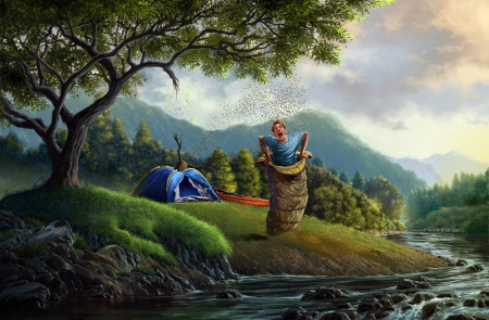 forest man - tent, forest, sleeping bag, river, the situation, wallpaper guy, bees