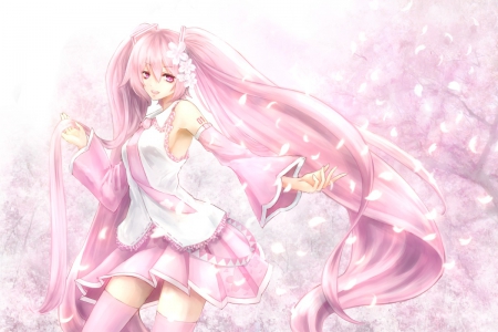 Sakura Miku - pretty, anime, vocaloid, twin tail, female, miku hatsune, twintail, hatsune miku, pink, long hair, miku sakura, sakura miku, nice, pink hair, twin tails, anime girl, sakura, twintails, beautiful, girl, beauty, lovely, sweet, petals, miku, hatsune, vocaloids