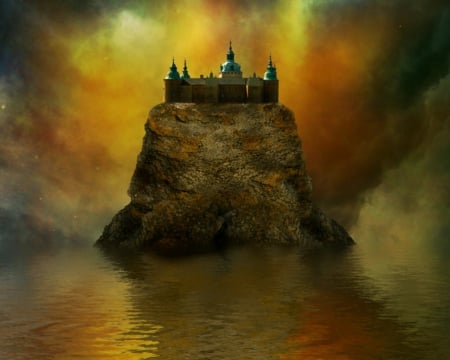 Fantasy castle - water, dark, castle, rocks