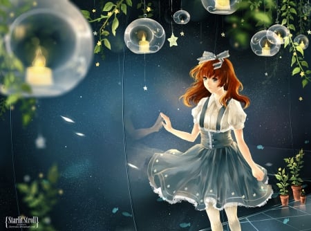 Starlit Stroll - pretty, star, pots, anime, female, maiden, dress, light, long hair, leaves, ribbon, hd, nice, vase, gown, anime girl, beautiful, candle, girl, beauty, lovely, sweet, lady, leaf