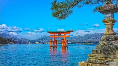 itsukushima shrine in a japanese bay hdr - shrine, oriental, hdr, mountains, bay