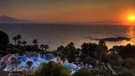 kusadasi resort in turkey at sunset hdr - beach, ocean, trees, sunset, bay, palm, nature, hdr, sea, resort, pool