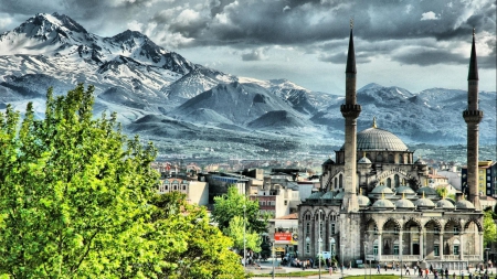 mosque in a valley town hdr - valley, mountains, wallpaper, buildings, cityscapes, town, clouds, architecture, tree, hdr, mosque, new